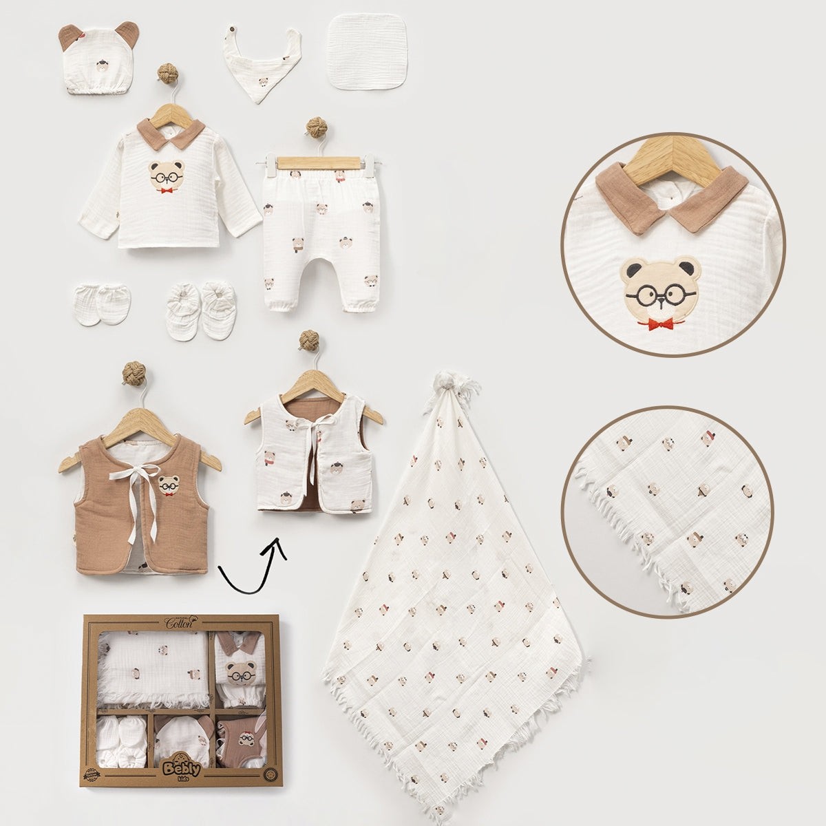 10'lu Elyaflı Müslin Gözlüklü Ayı Desen Hastane Çıkışı Set (Kahve-Bej)