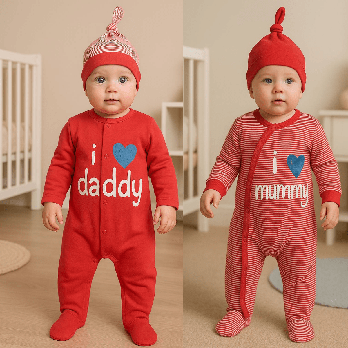 4'lü Mommy Daddy Kırmızı Tulum Şapka Set
