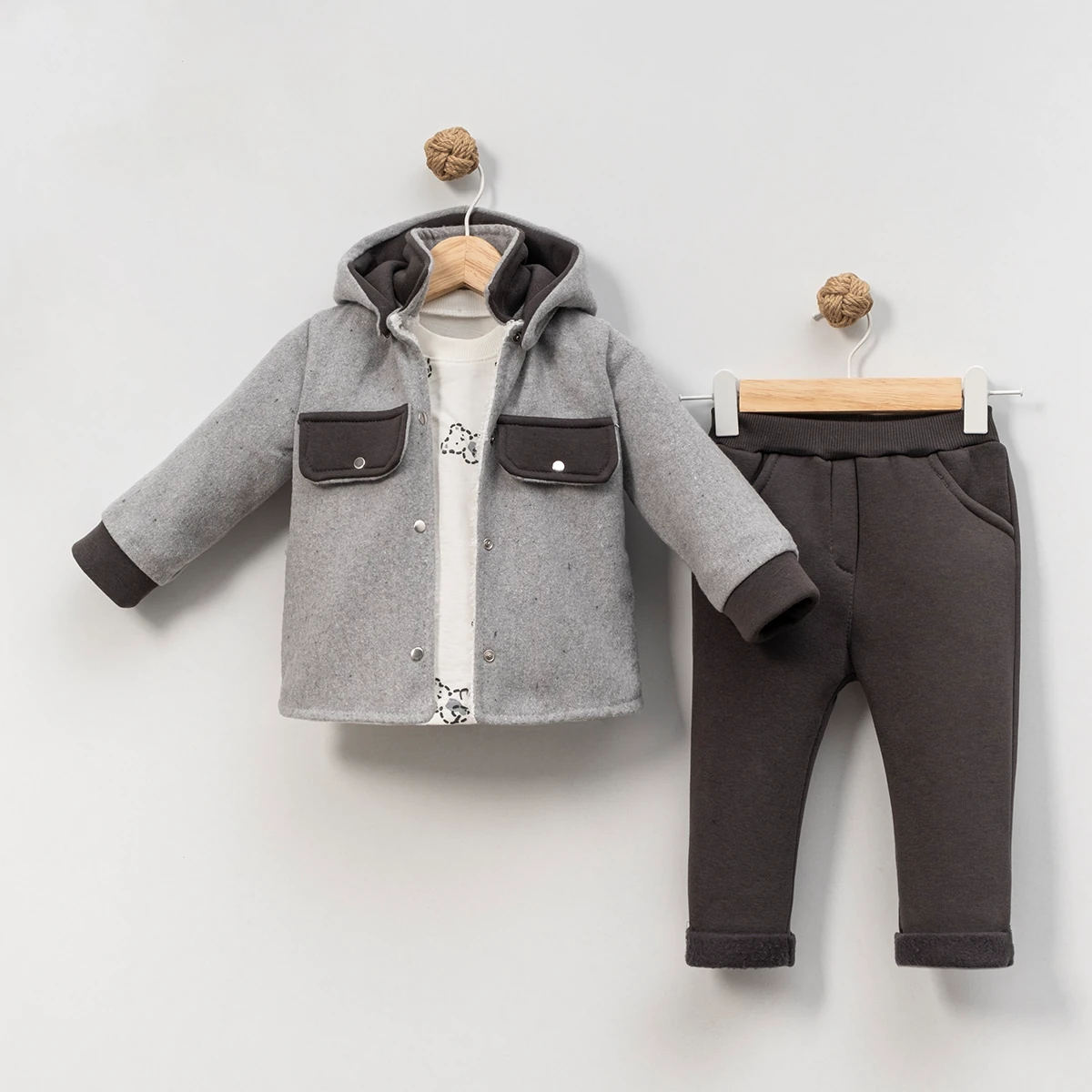 3'lü Erkek Bebek Kaşe Ceketli Takım (Gri-Kahve)