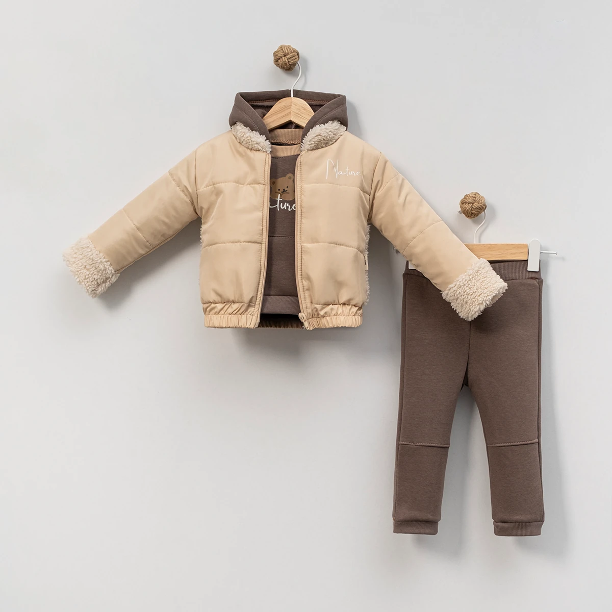 3'lü Erkek Bebek Ayıcık Kuzu Hırkalı Takım (Kahve-Krem)