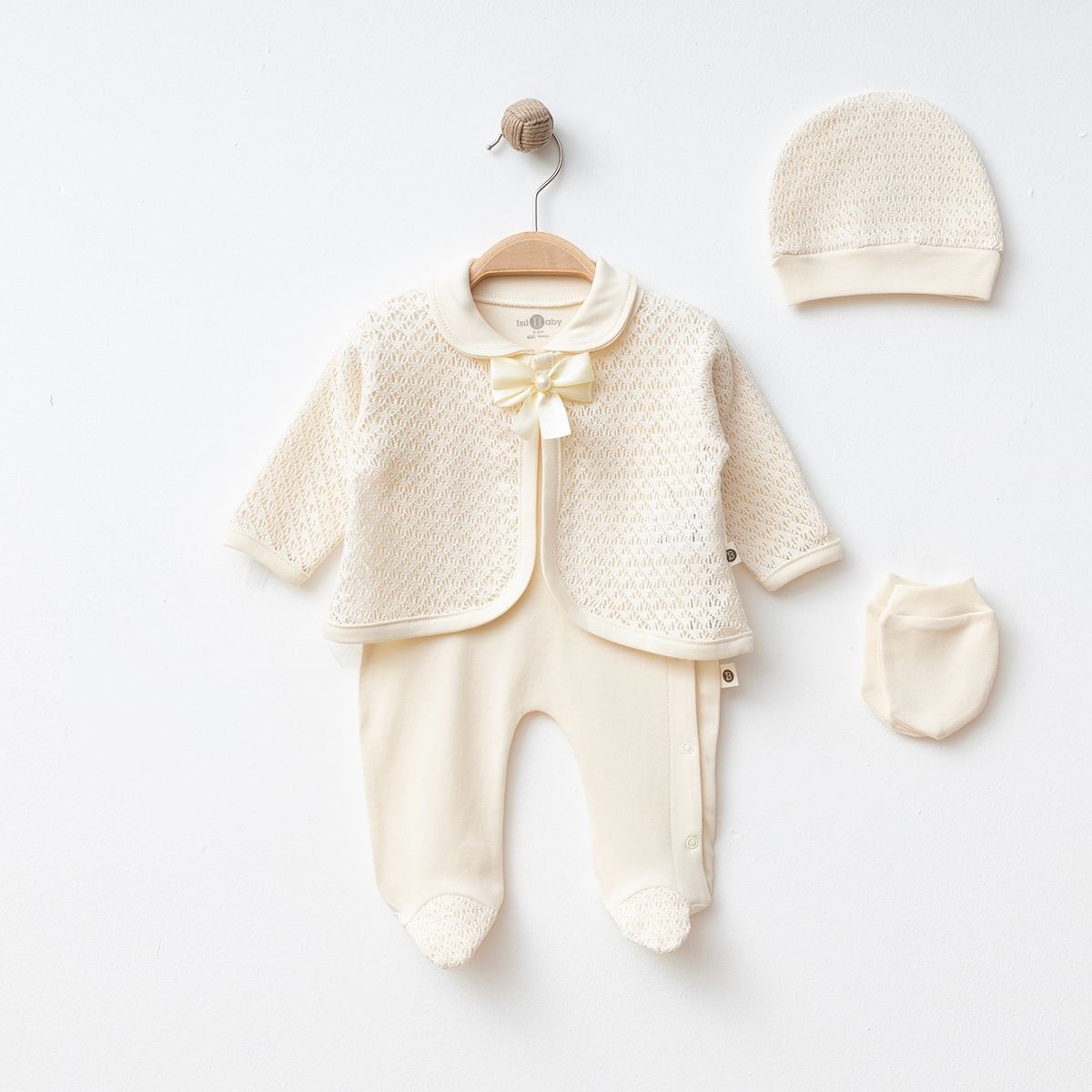 3'lü Kız Bebek Örme Pelerinli Tulum Set (Krem-Pembe-Ekru)