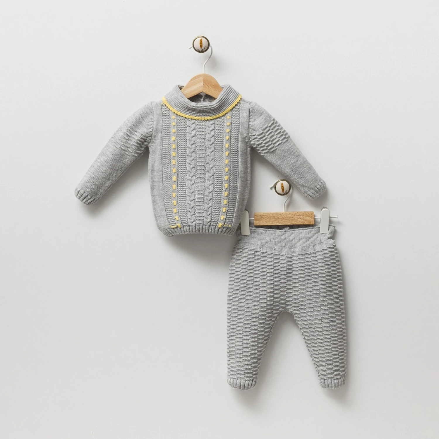 2'li Erkek Bebek Triko Gri Kazak Pantolon Set