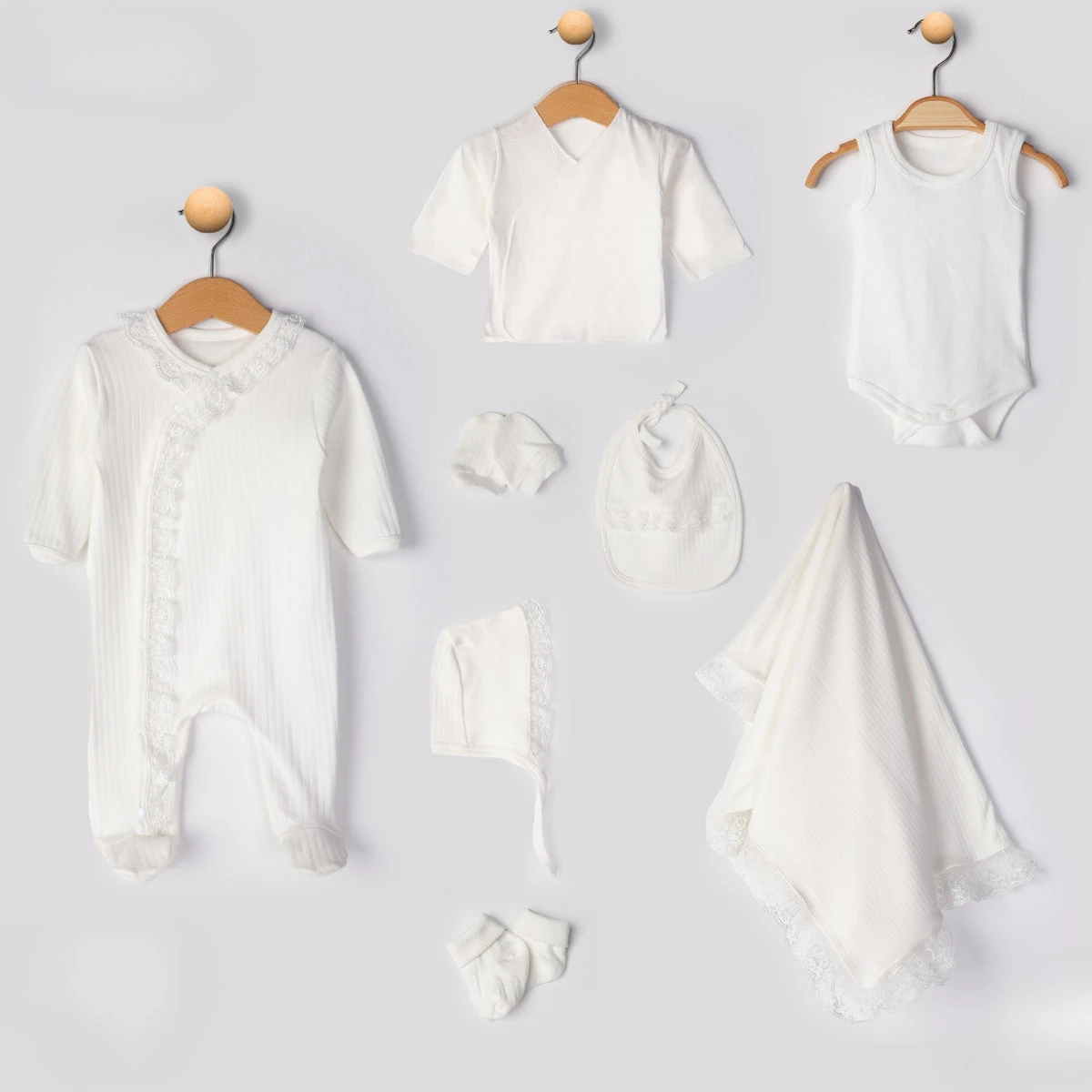 8'li Kız Bebek Fistolu Hastane Çıkışı Set (Pembe-Ekru)