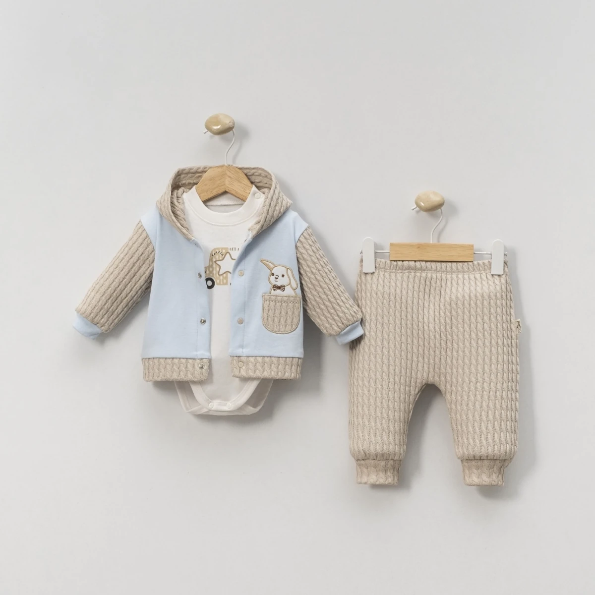 3'lü Erkek Bebek Triko Detaylı Kapüşonlu Takım