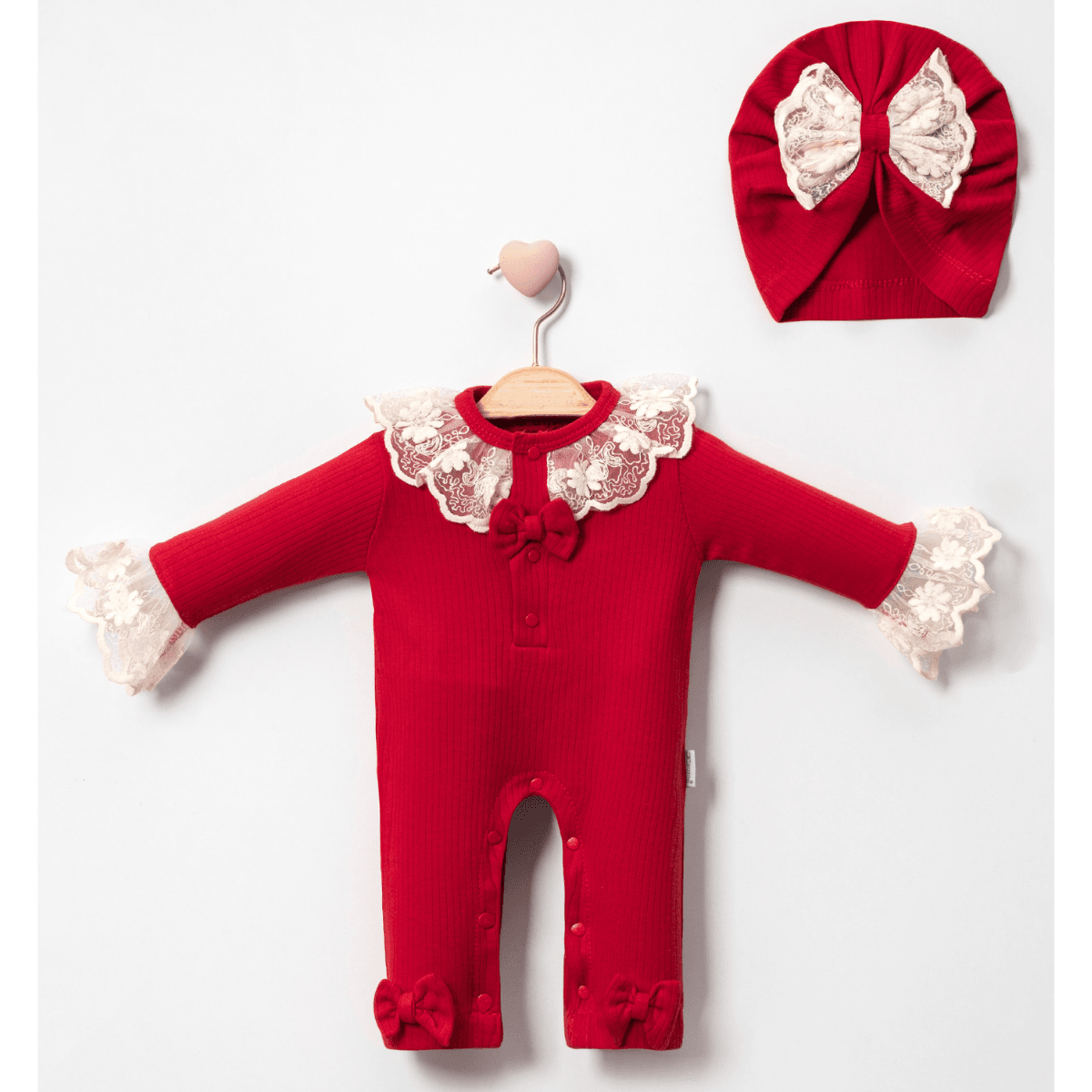 2'li Kız Bebek Dantelli Tulum ve Şapka Set (Kırmızı-Krem-Gül Kurusu)