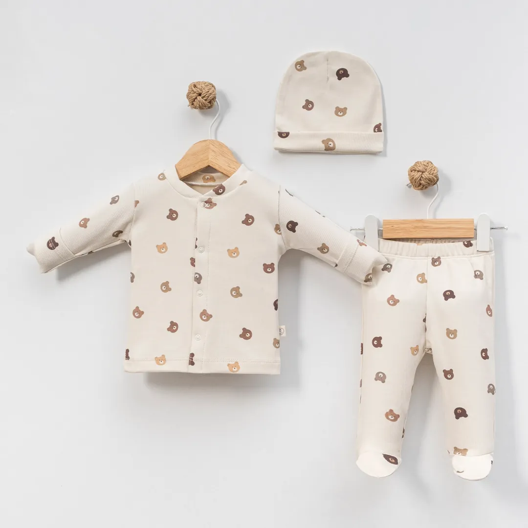 3'lü Erkek Bebek Ayıcık Desenli Krem Hastane Çıkışı