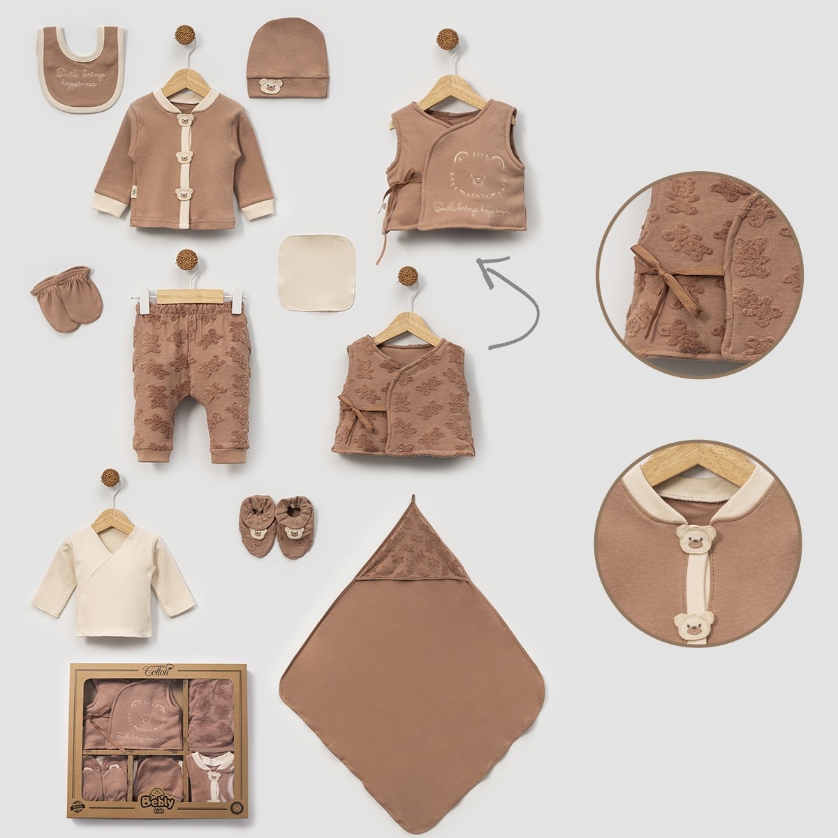 10'lu Jakarlı Ayıcıklı Desen Hastane Çıkışı Set (Kahve-Krem-Mavi) - Kahverengi