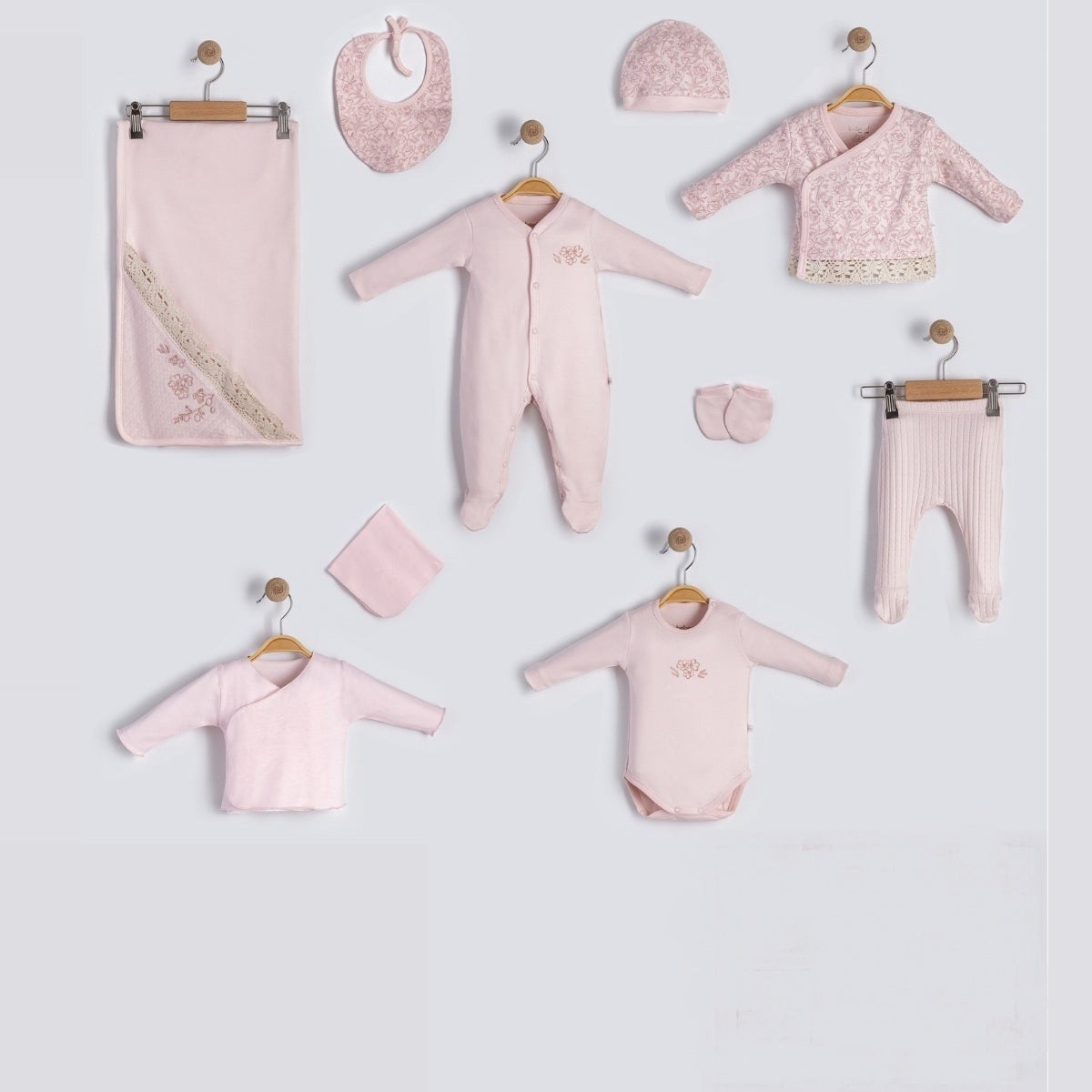 10'lu Kız Bebek Dantelli Pembe Hastane Çıkışı Set
