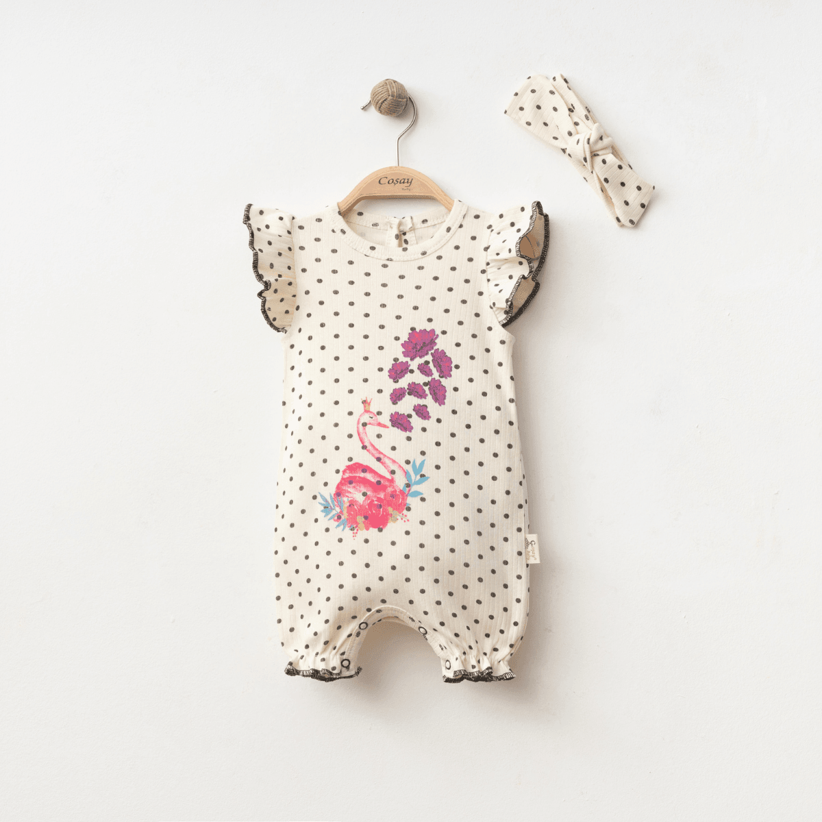2'li Kız Bebek Kuğu Desenli Puanlı Barbatöz ve Bandana Set (Ekru-Krem-Bej) 