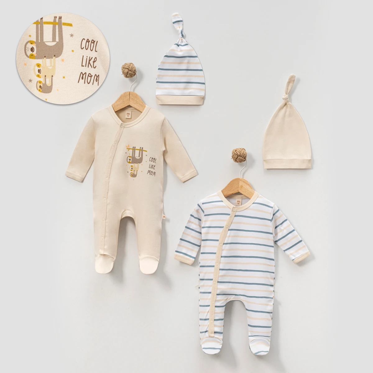 4'lü Çizgili Kuala Desen Krem Tulum ve Şapka Set