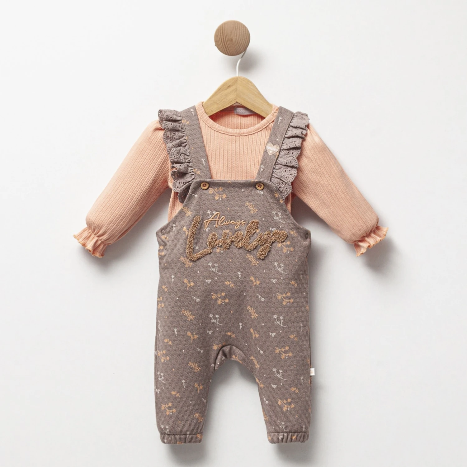 2'li Kız Bebek Lovely Nakışlı Kahve Body Salopet Set