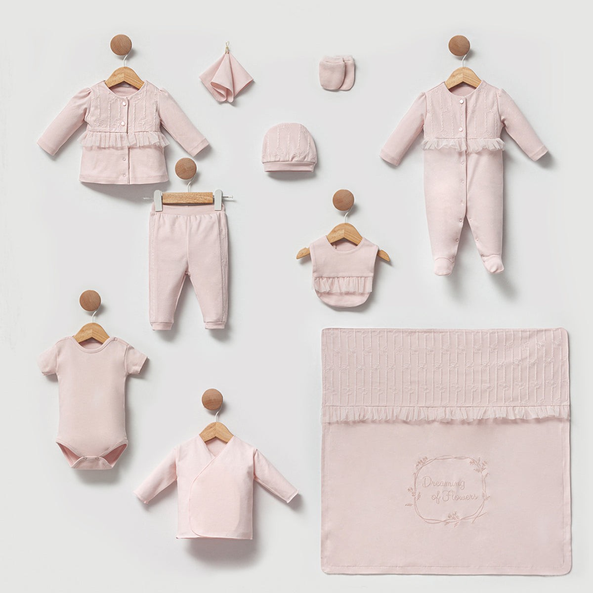 10'lu Kız Bebek Dream of Flower Hastane Çıkışı Set (Pudra-Ekru)