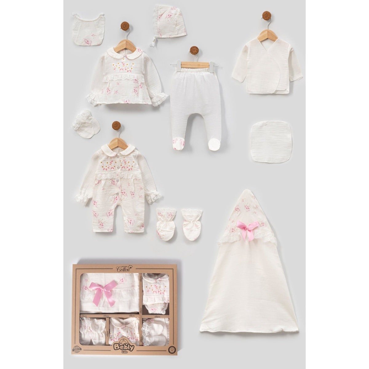 10'lu Müslin Çiçek Nakışlı Hastane Çıkışı Set (Pembe-Kahve-Mint) 