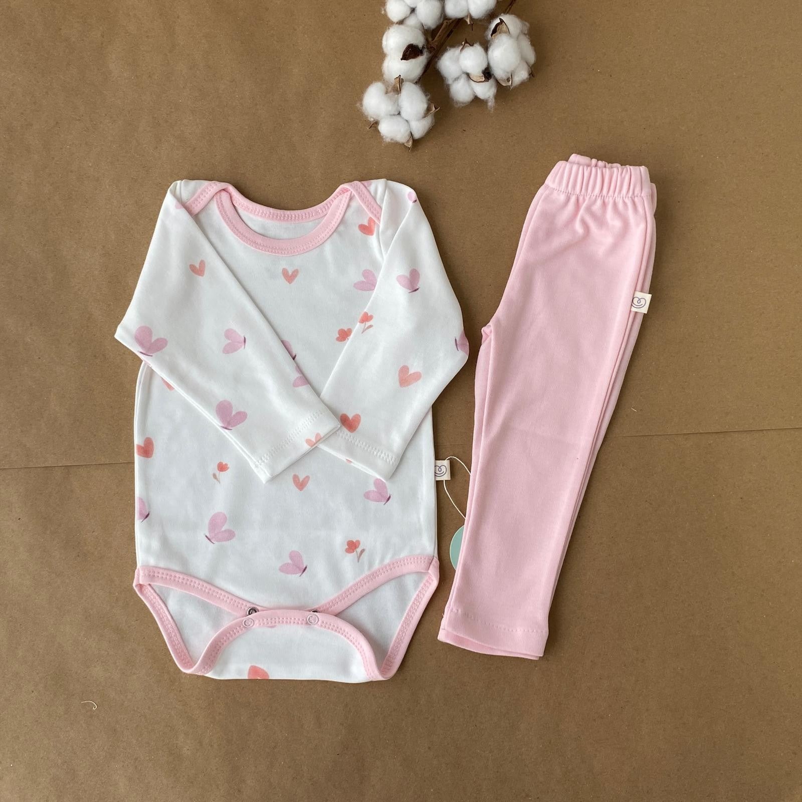 2'li Zıbın Pantolon Organik Takım Kalpli Desen
