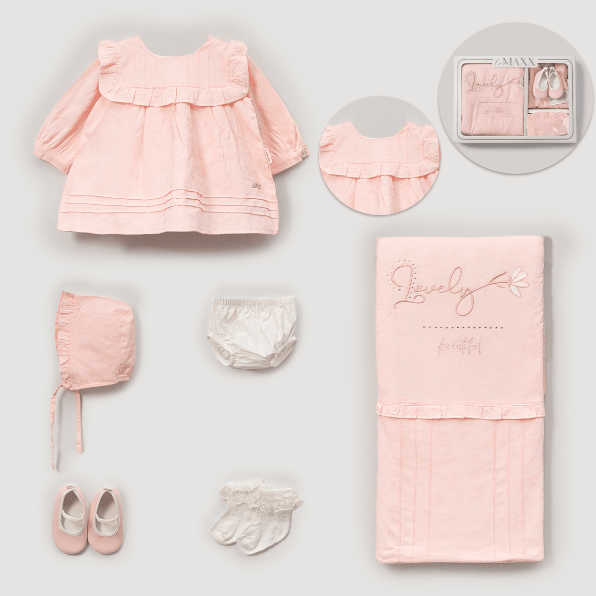 7'li Kız Bebek Lovely Hastane Çıkışı Set (Ekru-Somon-Pembe)