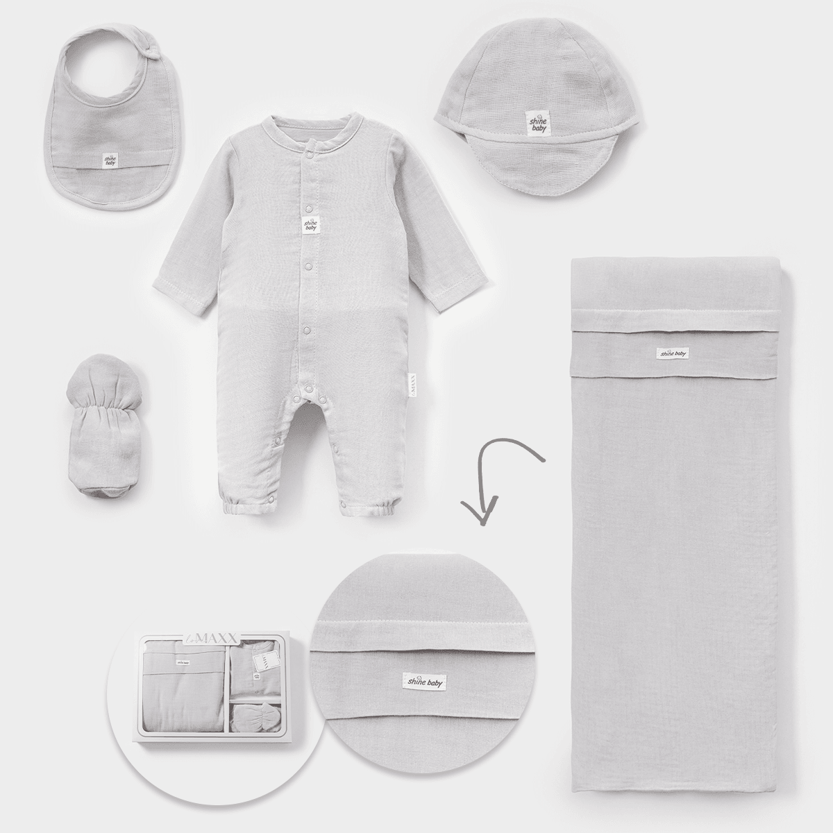 10'lu Erkek Bebek Müslin Shine Boy Hastane Çıkışı Set (Mavi-Ekru-Gri-Bej)
