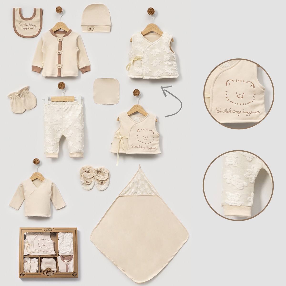 10'lu Jakarlı Ayıcıklı Desen Hastane Çıkışı Set (Kahve-Krem-Mavi) - Krem