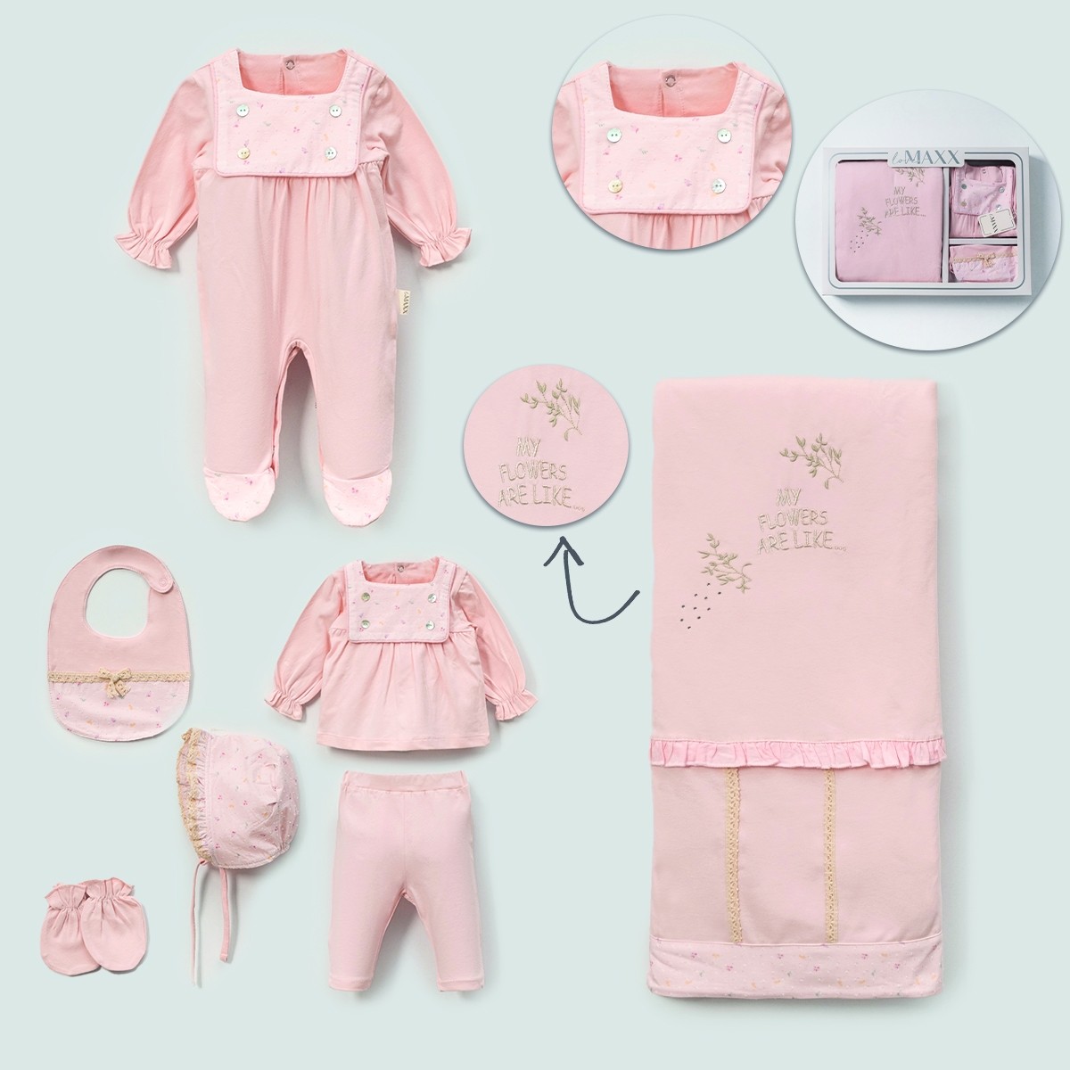 7'li Kız Bebek My Flowers Hastane Çıkışı Set (Ekru-Somon-Pembe)