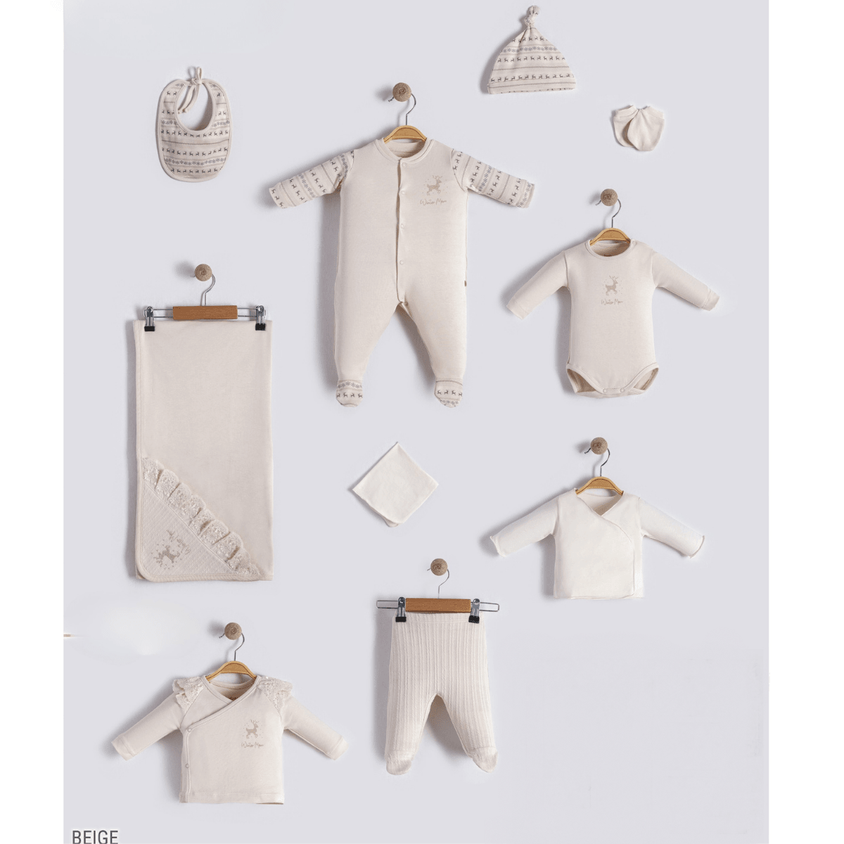 10'lu Kız Bebek Geyik Desen Dantel Detaylı Hastane Çıkışı Set (Bej-Ekru-Gül Kurusu)