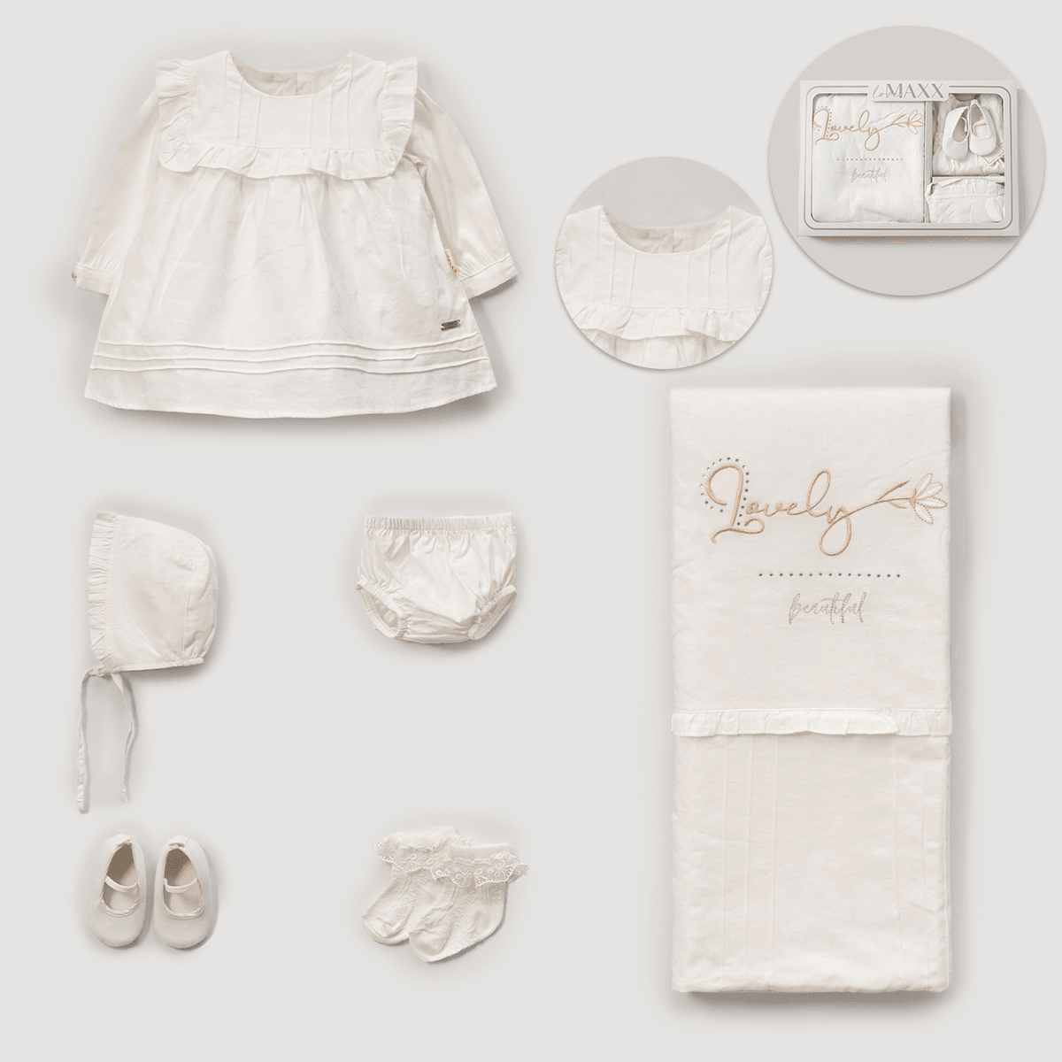 7'li Kız Bebek Girl Day Kalpli Hastane Çıkışı Set (Ekru-Somon)