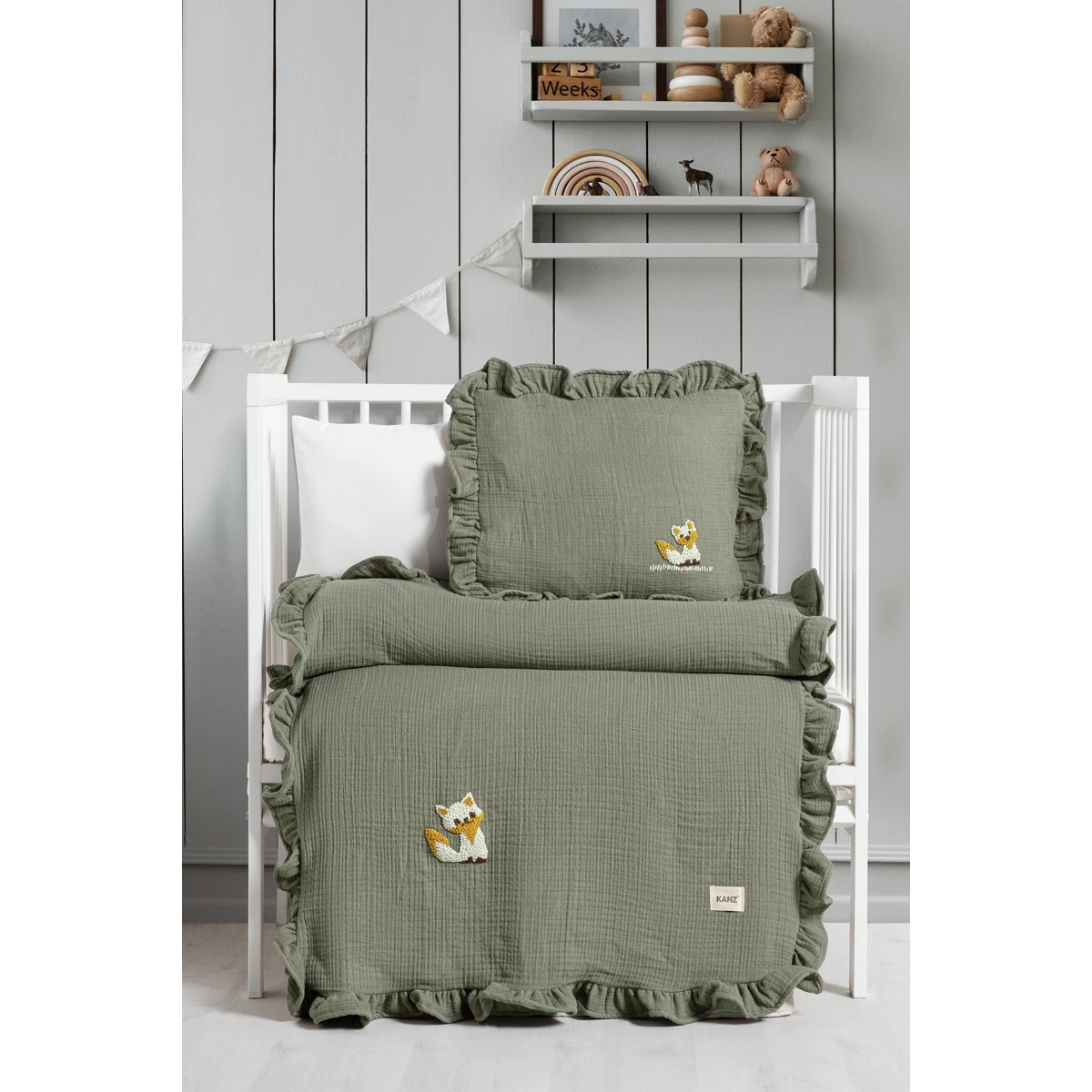 4'lü 4 Kat Müslin El İşi Nakış İşlemeli Nevresim Takımı - Yeşil