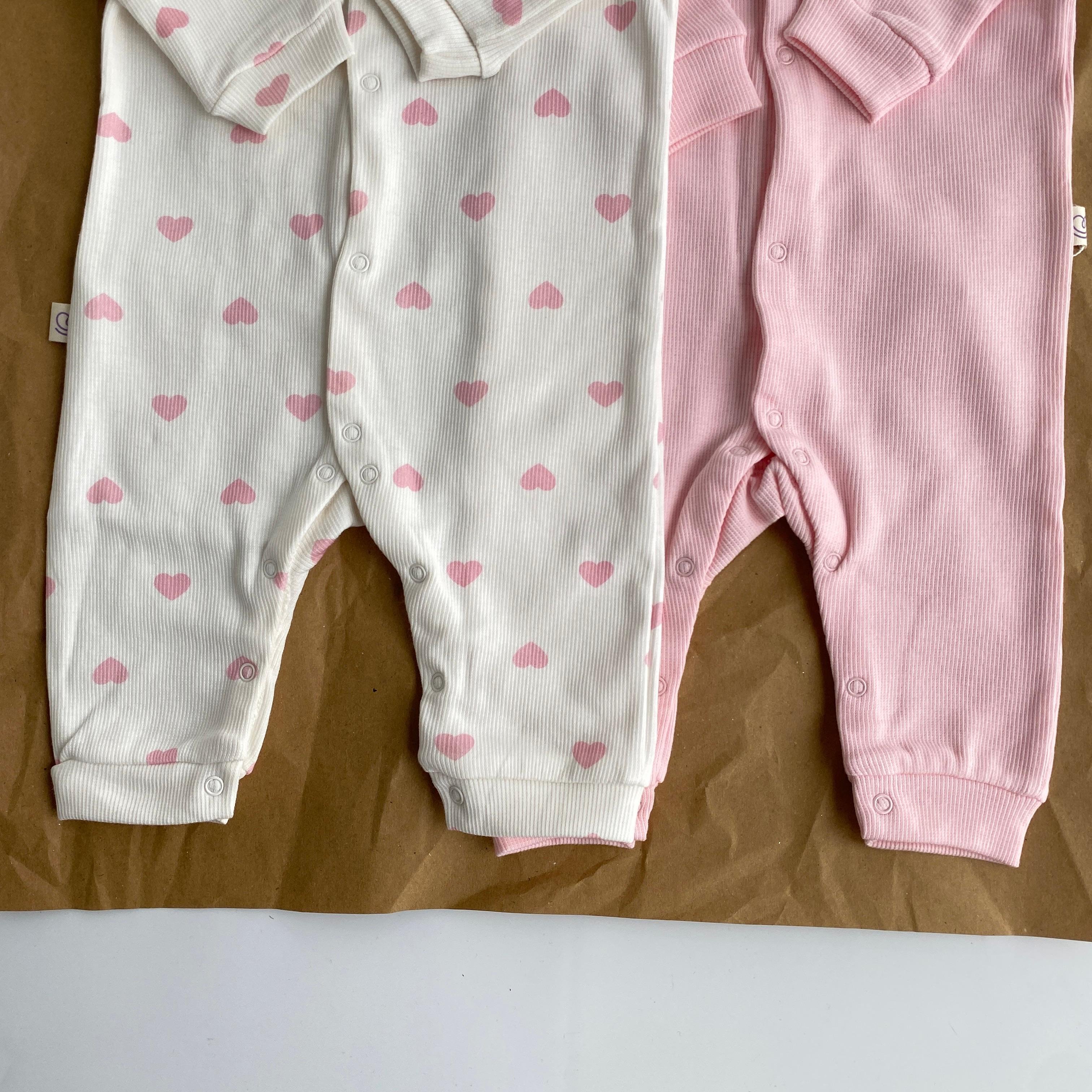 2’li Kalp Desenli, Pembe Bebek Tulum Seti 6-9/9-12 Ay