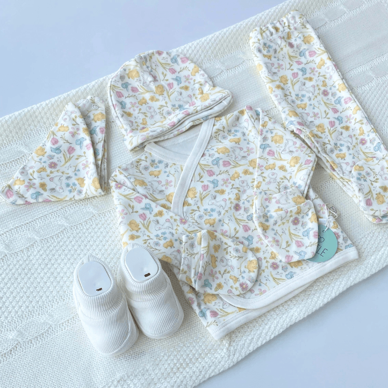 7'li Jr. Flowers, Patik, Ekru Triko Battaniye Yeni Doğan Set