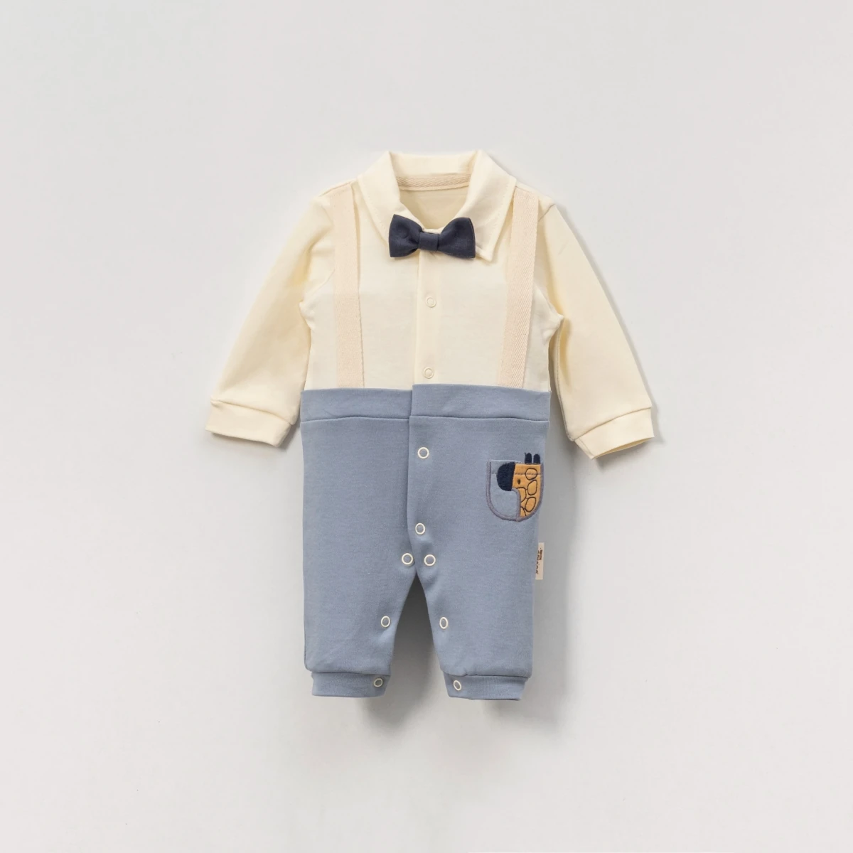 Erkek Bebek Zebra Nakışlı Papyonlu Bebe Mavisi Tulum