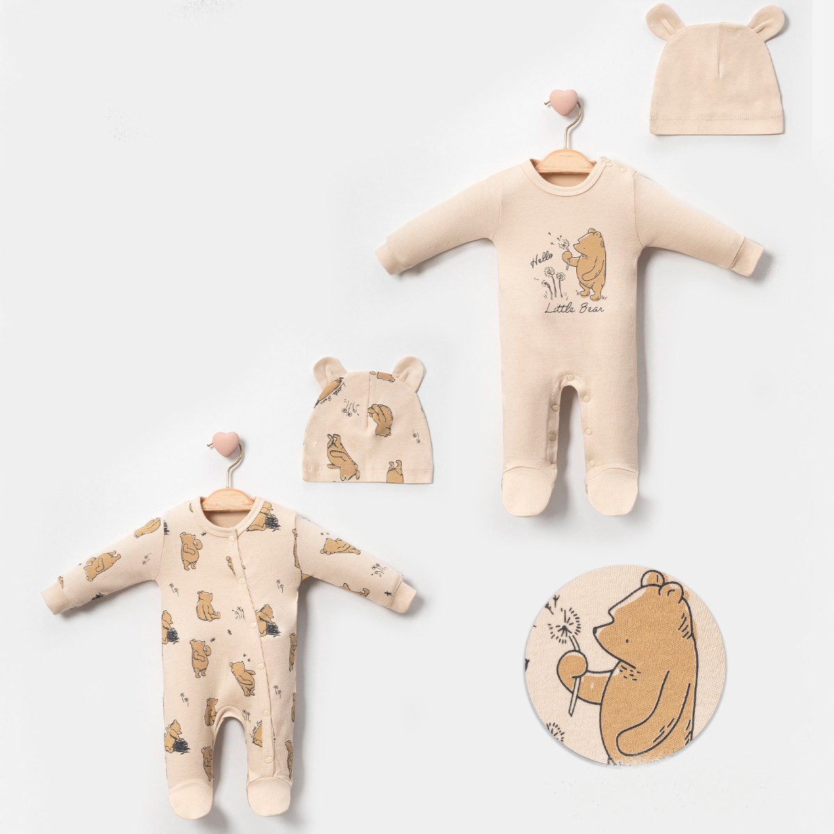 4'lü Ayıcık Bej Tulum Şapka Set