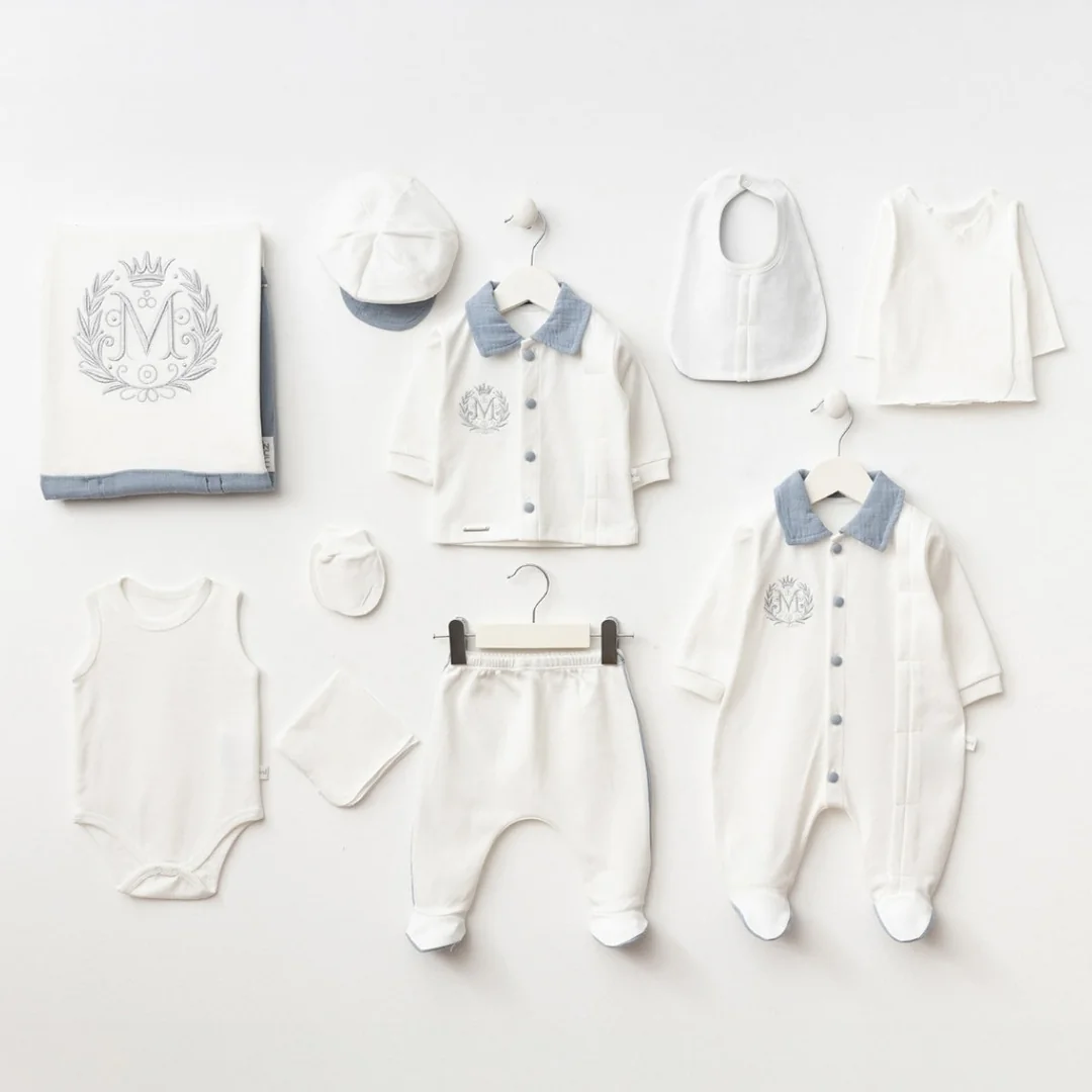 10'lu  Erkek Bebek Thomas Hastane Çıkışı Set (Mavi-Ekru)