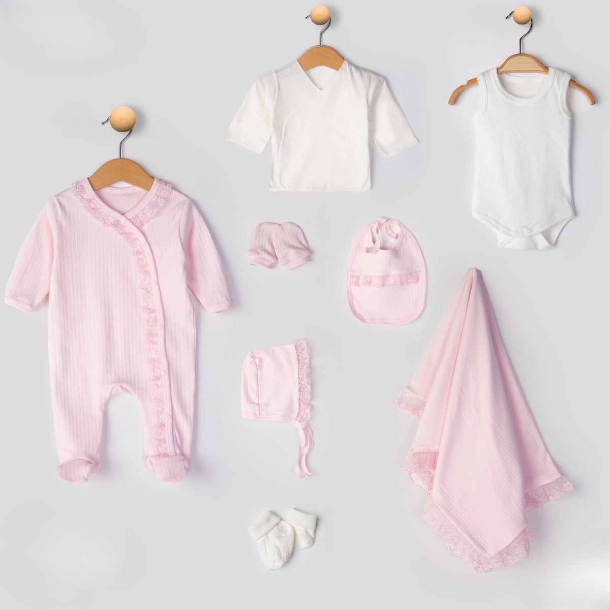 8'li Fistolu Hastane Çıkışı Set (Pembe-Ekru) 