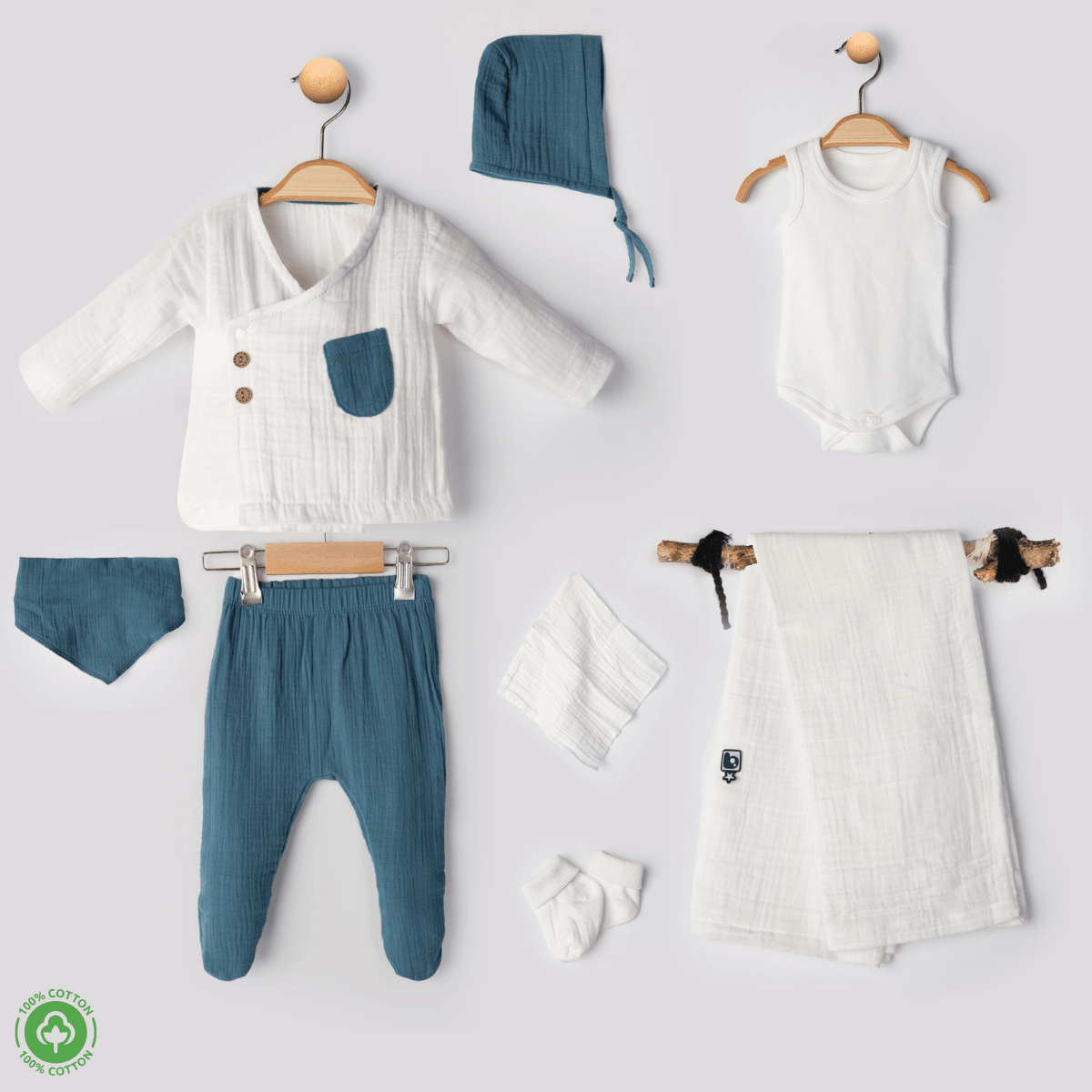 8'li Müslin Hastane Çıkışı Set (İndigo-Mint-Bej)
