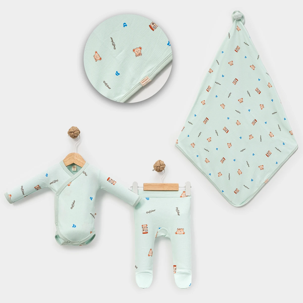 3'lü Küçük Ayı Baskılı 3-6 Ay Mint Kruvaze Body, Alt ve Battaniye Set