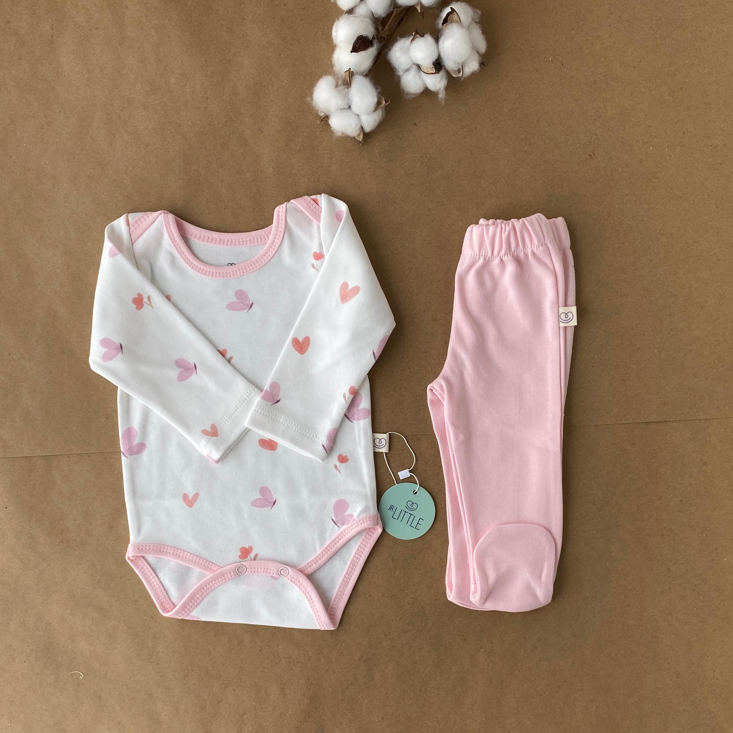 2'li Zıbın Ayaklı Pantalon Organik Takım Kalp Desenli