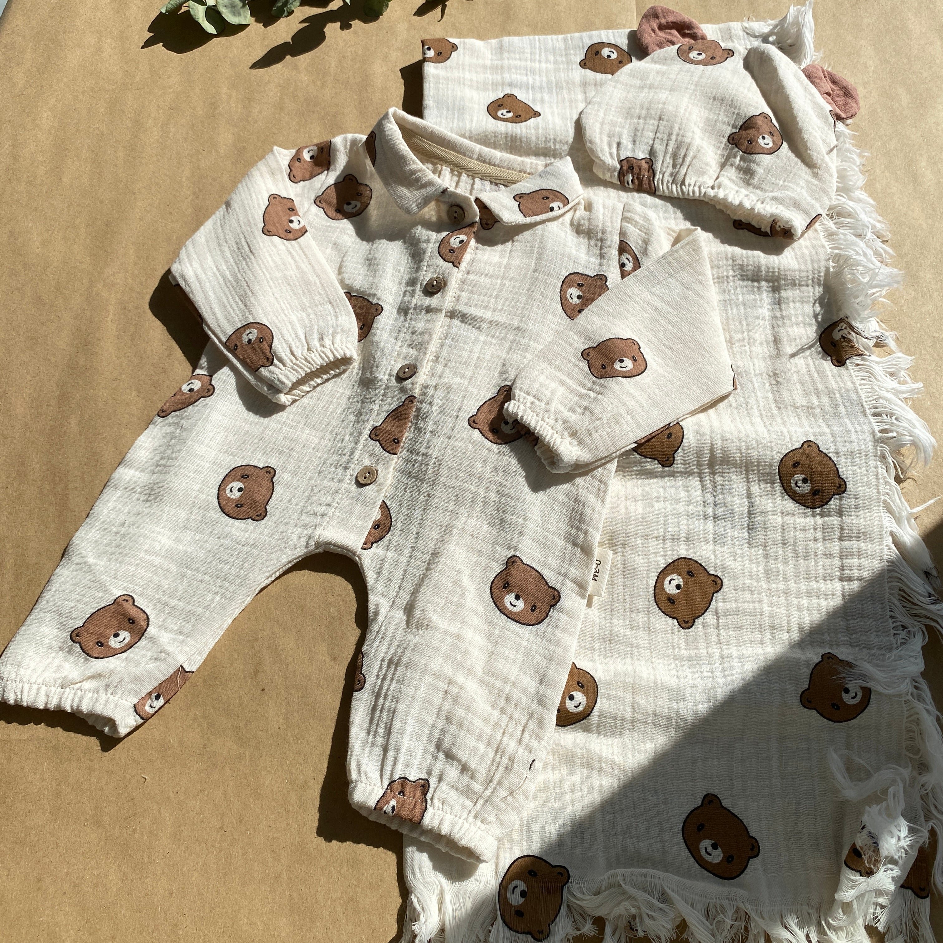 3'lü Jr. Teddy Bear Müslin Tulum&Şapka, Müslin Battaniye Yeni Doğan Set