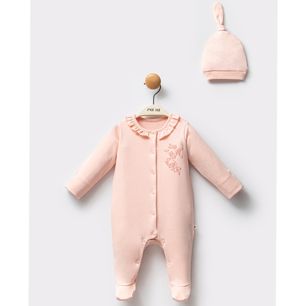 2'li Kız Bebek Dallı Çiçek Baskılı Somon Tulum Şapka Set