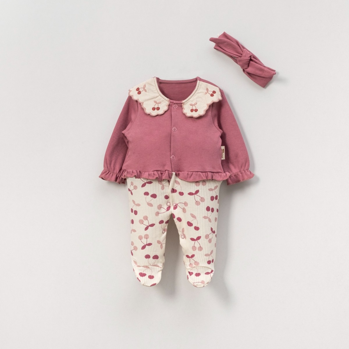 2'li Kız Bebek Kiraz Baskılı Tulum Bandana Set