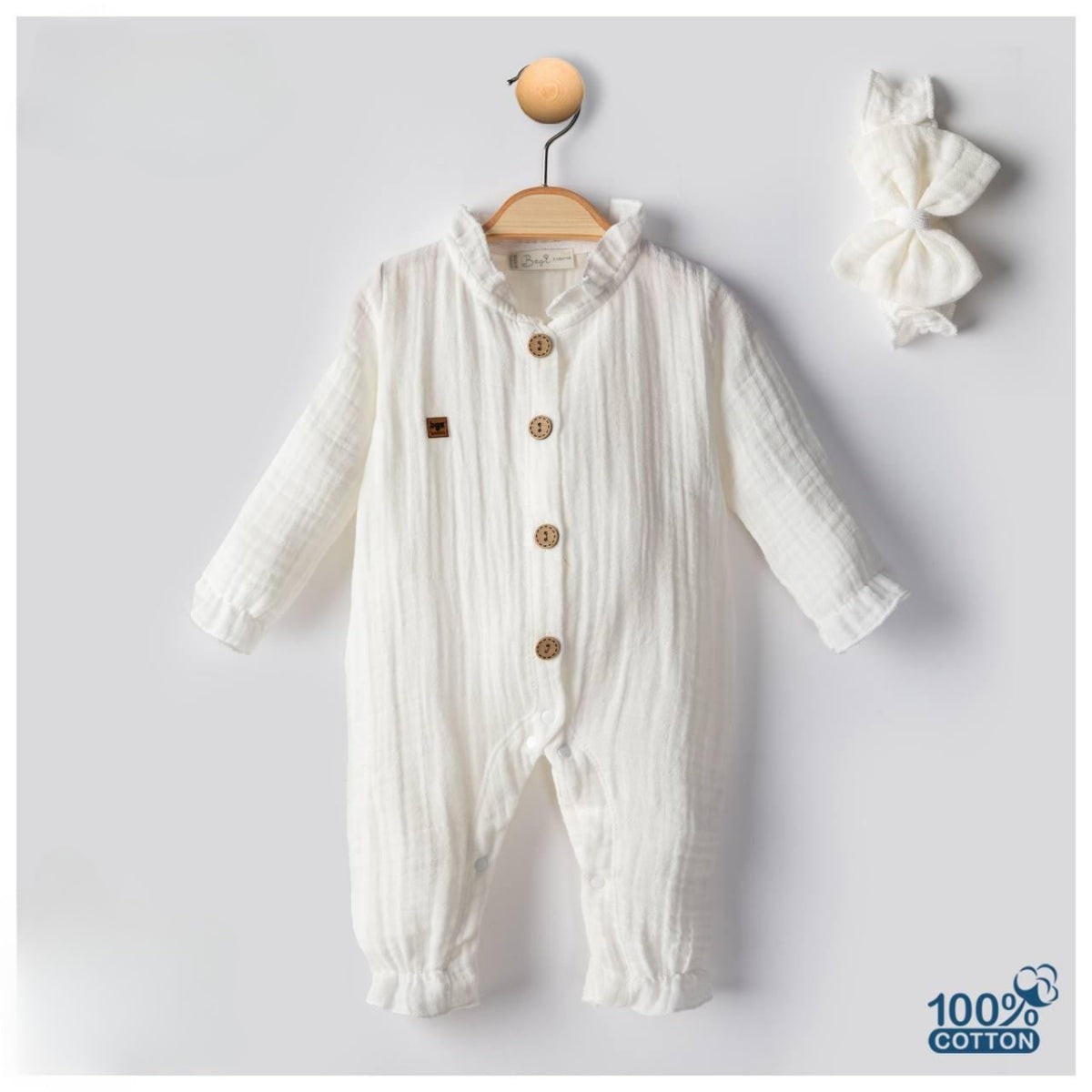2'li Müslin Kız Bebek Tulum Bandanalı Set (Pembe-Ekru-Gül Kurusu) 