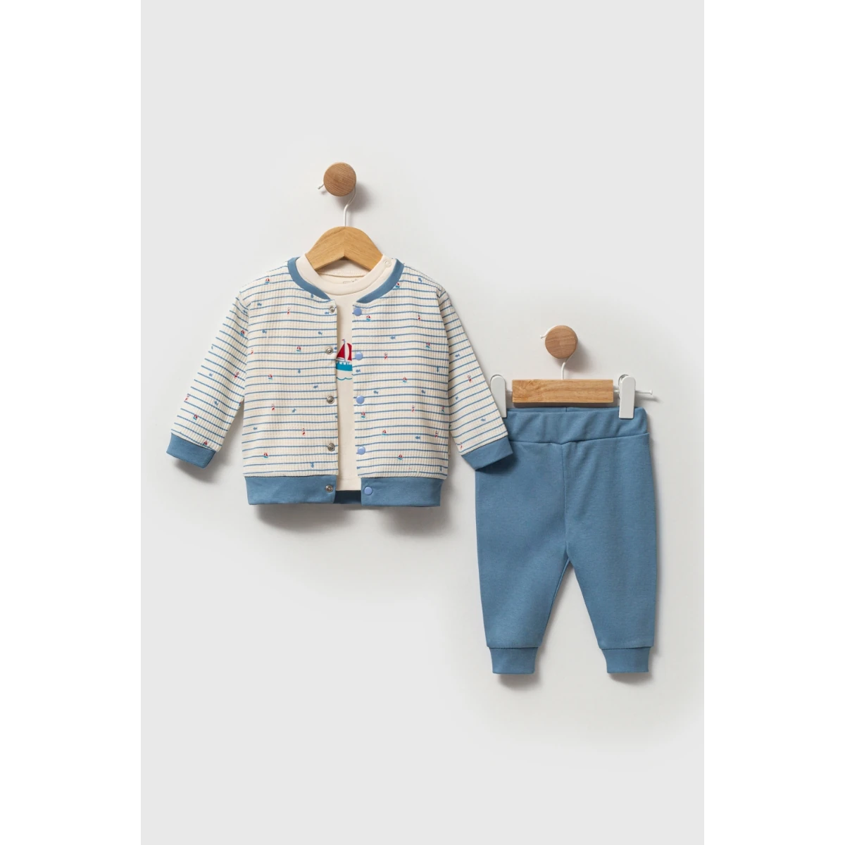 3'lü Erkek Bebek Yelkenli Hırkalı İndigo Takım