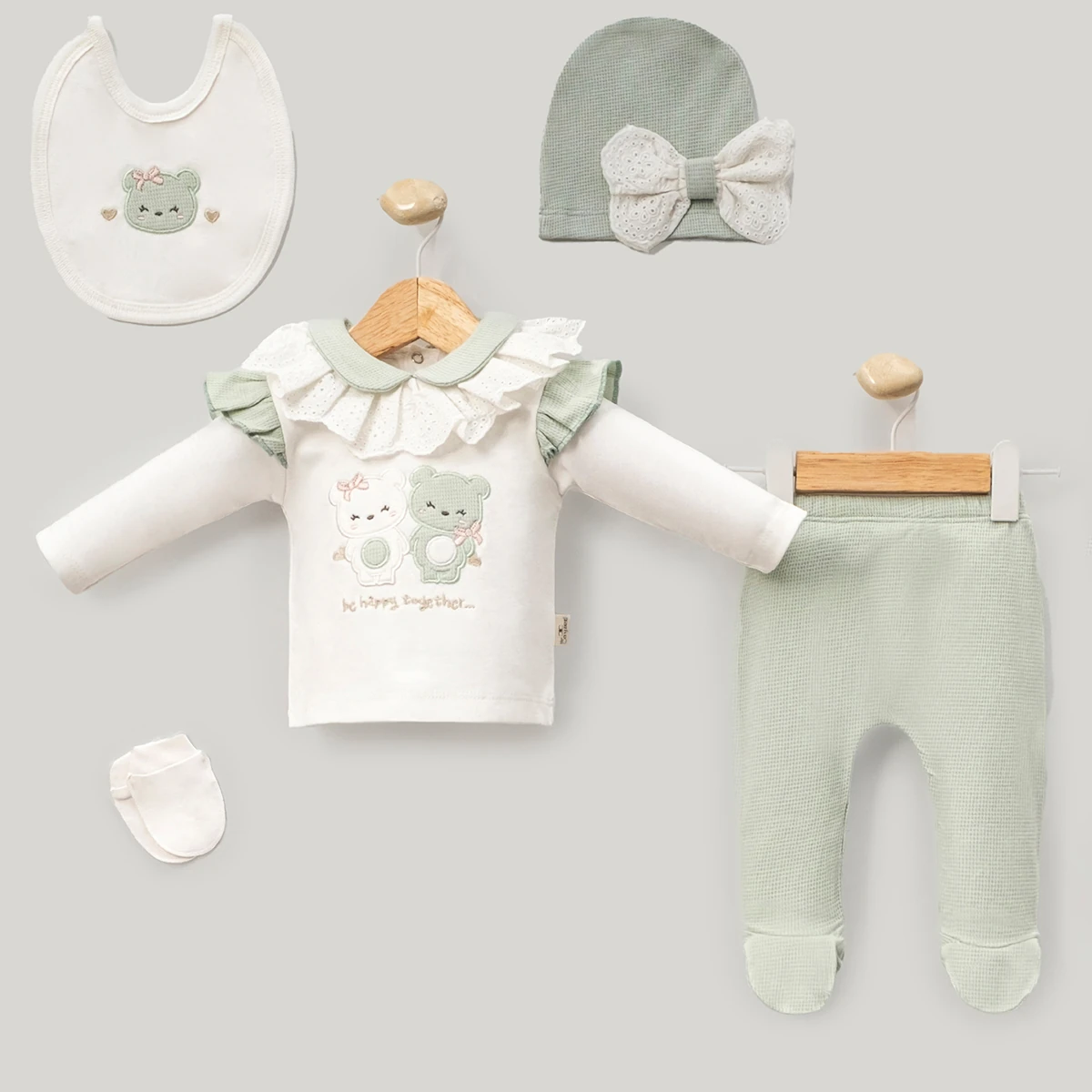 5'li Kız Bebek Kardeş Ayıcık Hastane Çıkışı (Mint-Pudra-Somon)