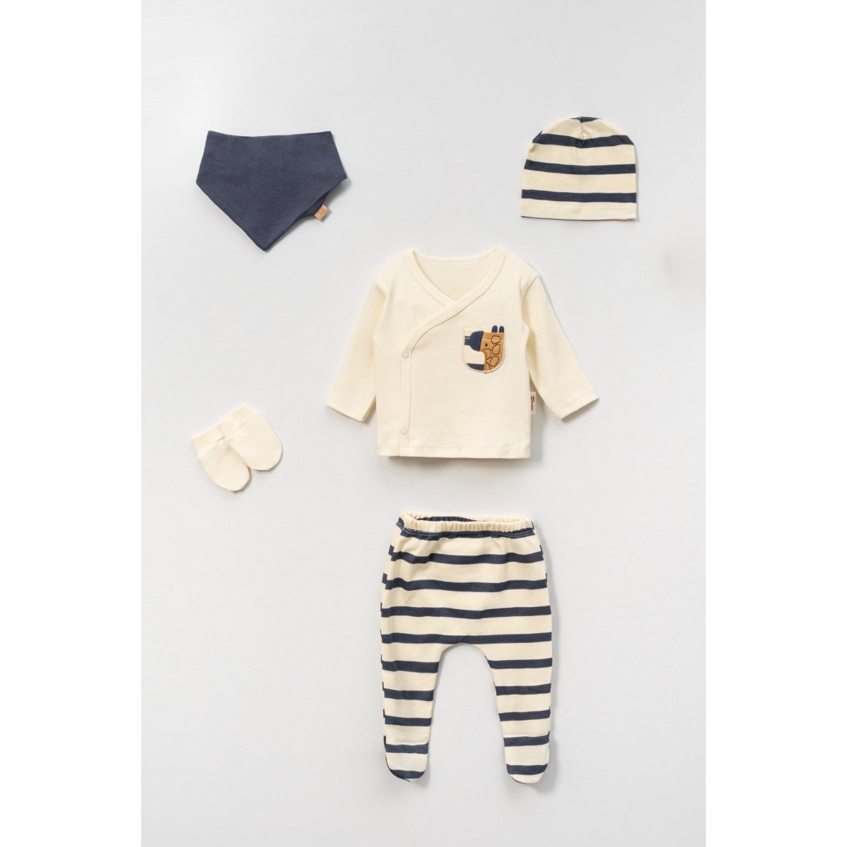 5'li Erkek Bebek Zebra Desen Cep Nakışlı Hastane Çıkışı (İndigo-Kahve-Mint) 