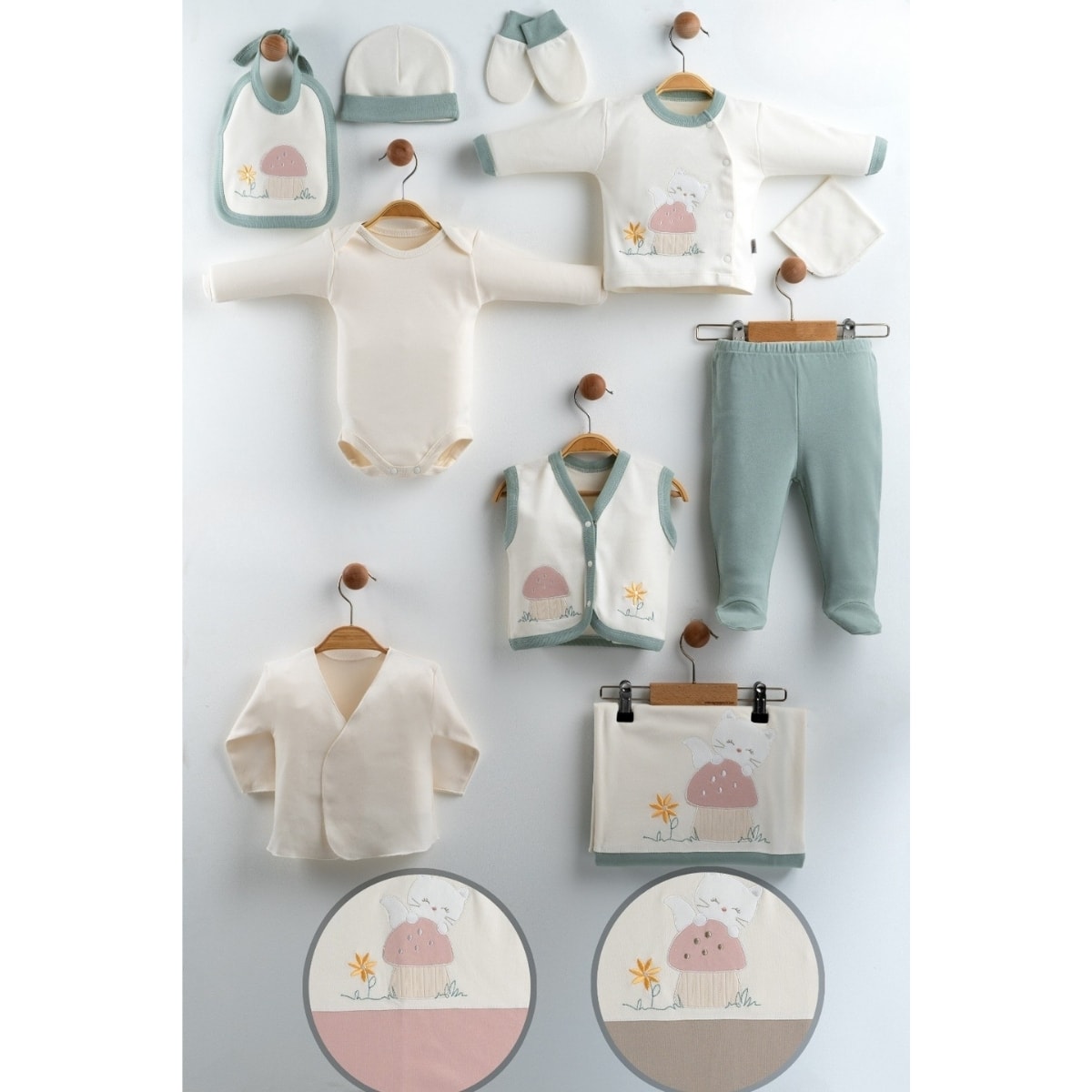10'lu Kız Bebek Çiçek Nakışlı Hastane Çıkışı Set (Mint-Pudra-Bej)