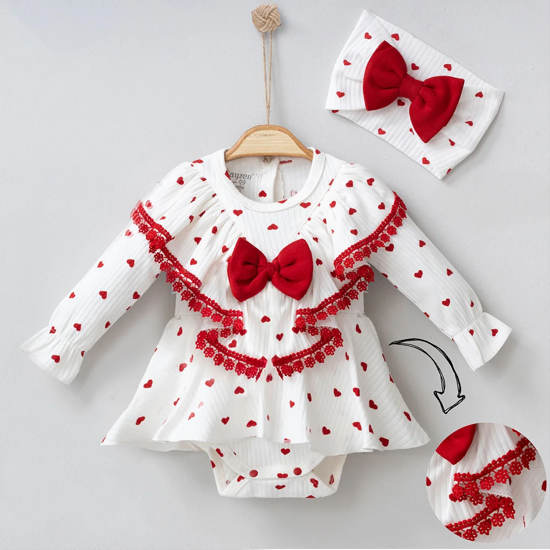 2'li Kız Bebek Kalpli Güpürlü Romper Bandana Set