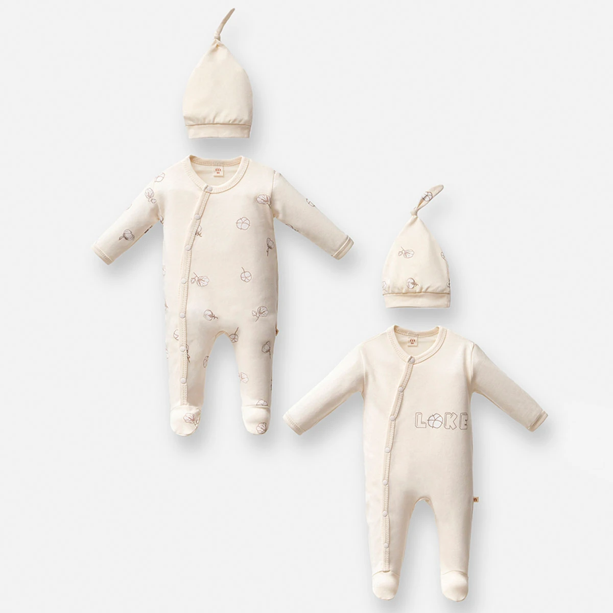 4'lü Pamuk Koza Baskılı Krem Tulum ve Şapka Set