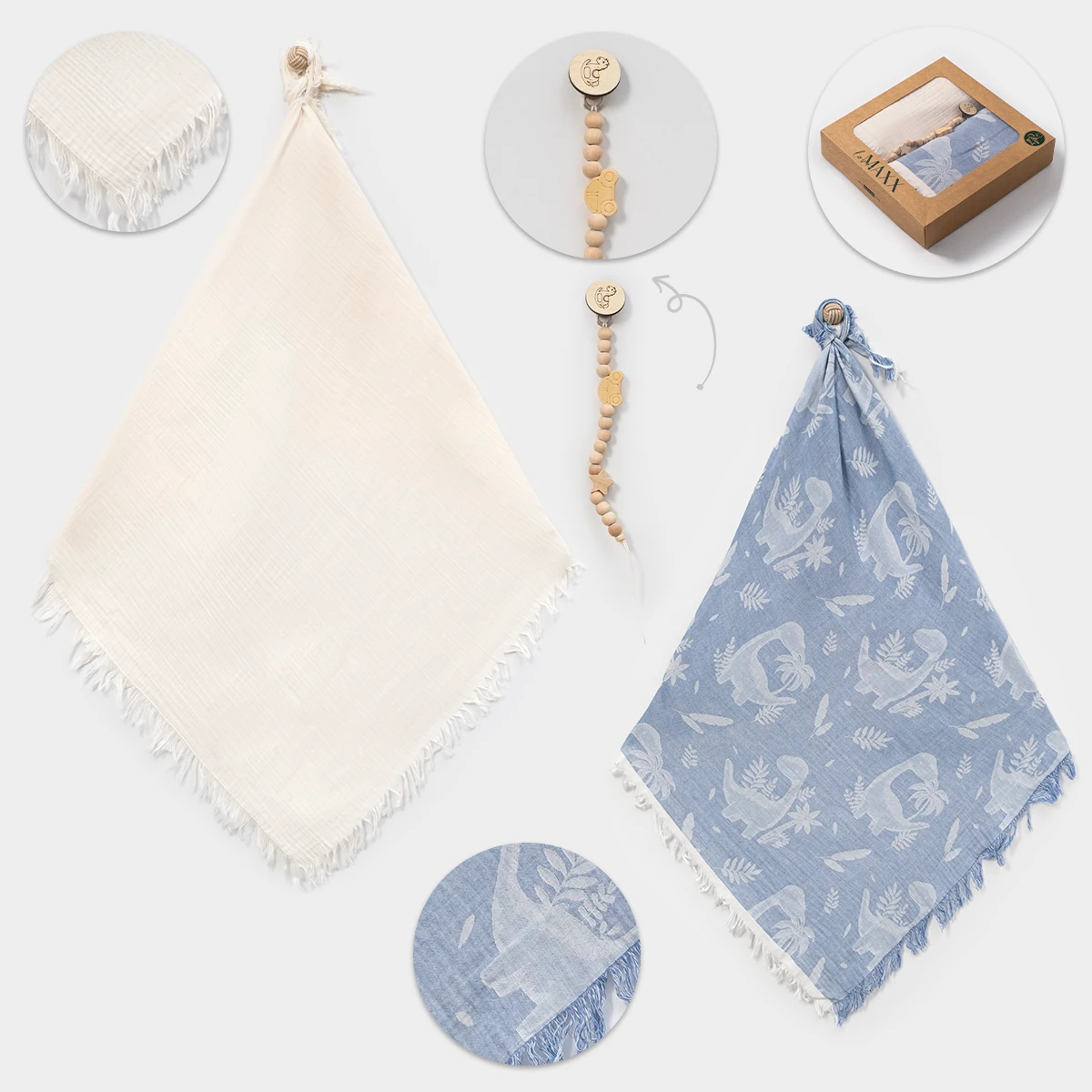 3'lü 110x120 cm Müslin Battaniyeler ve Emzik Zinciri Set (Gül-Mavi-Kahve-Yeşil-Hardal-Pudra-Gri)