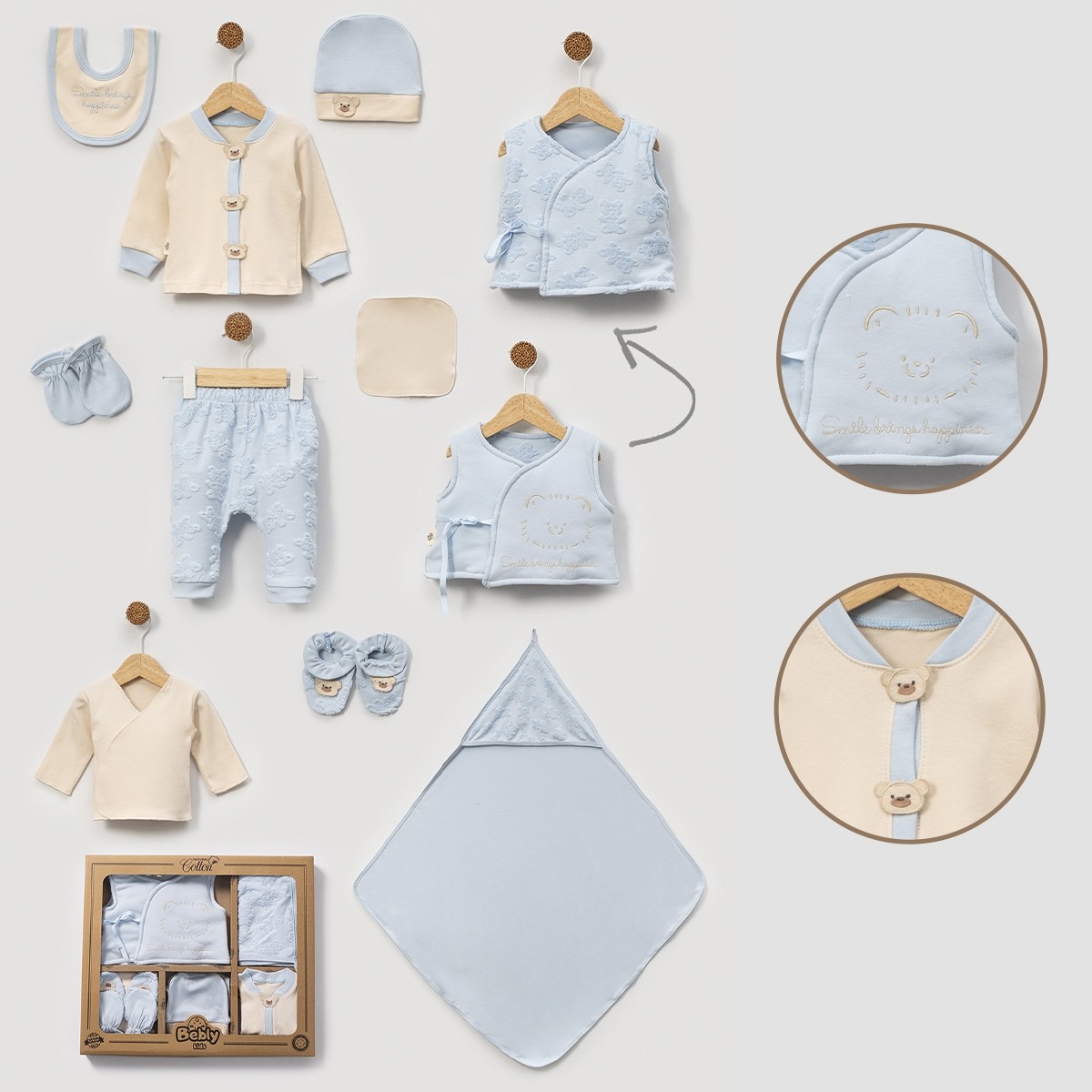 10'lu Jakarlı Ayıcıklı Desen Hastane Çıkışı Set (Kahve-Krem-Mavi) - Bebe Mavisi