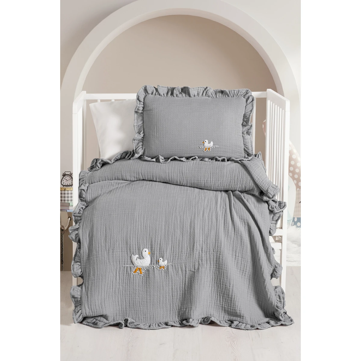 4'lü 4 Kat Müslin El İşi Nakış İşlemeli Nevresim Takımı - Gri