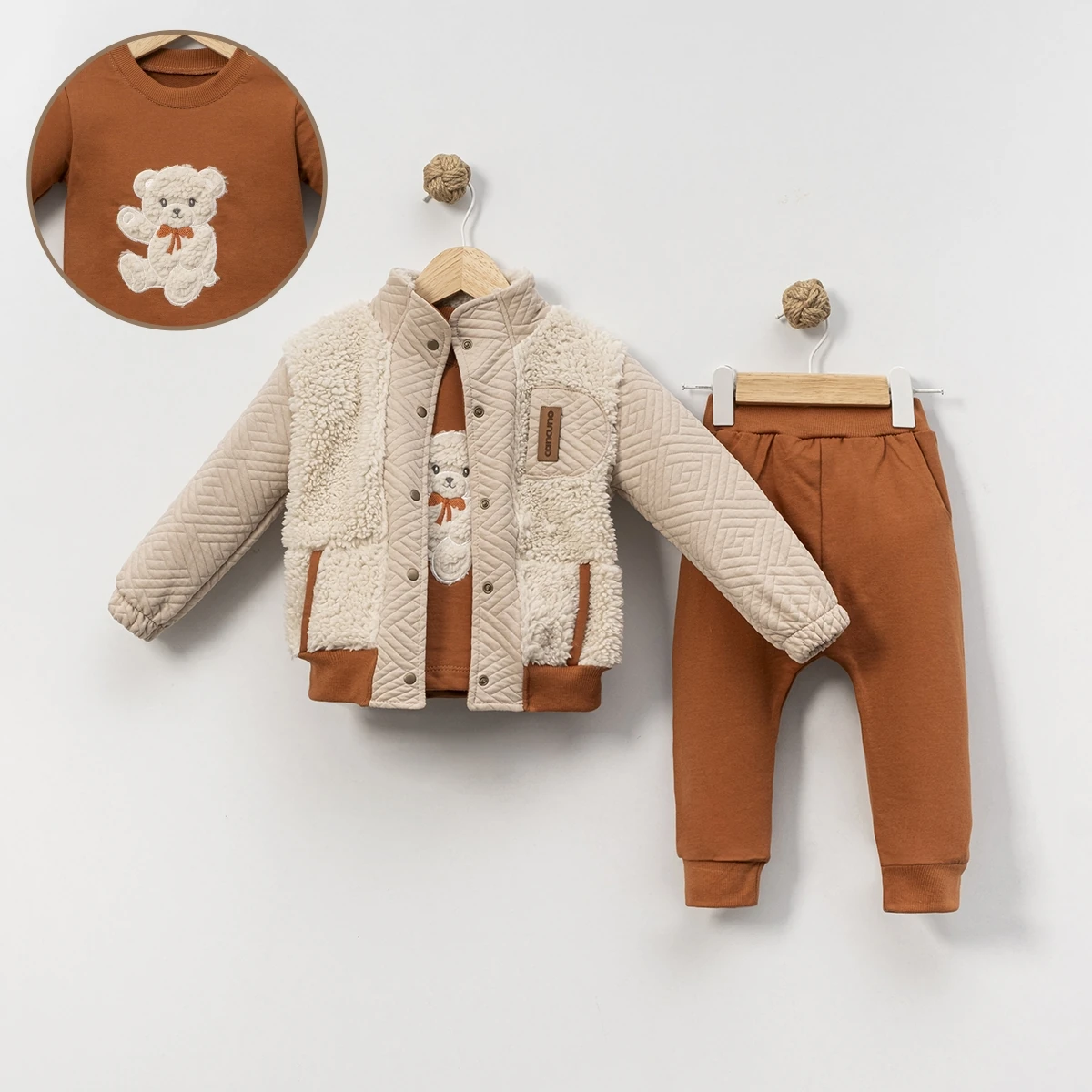 3'lü Erkek Bebek Kuzu Hırkalı Kiremit Takım