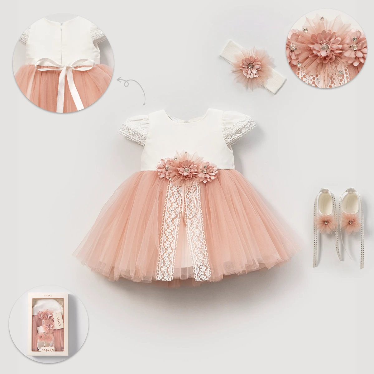 3'lü Kız Bebek Önden Açmalı Mevlit Seti (Pudra-Ekru)