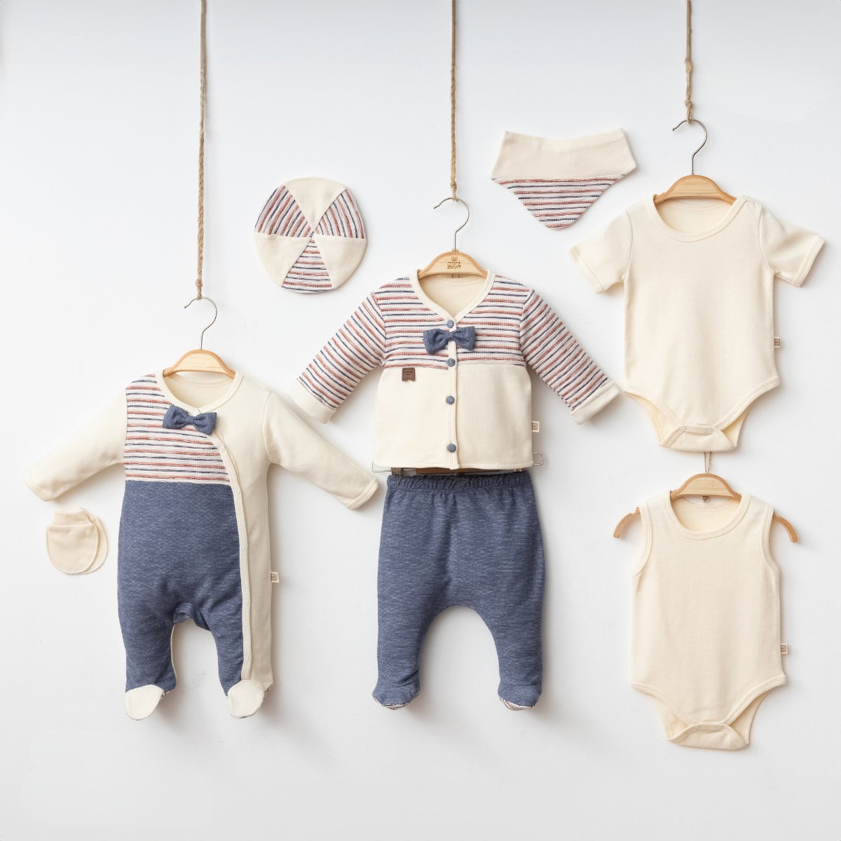 8'li Erkek Bebek Papyonlu Hastane Çıkışı Set (İndigo-Kahve) 